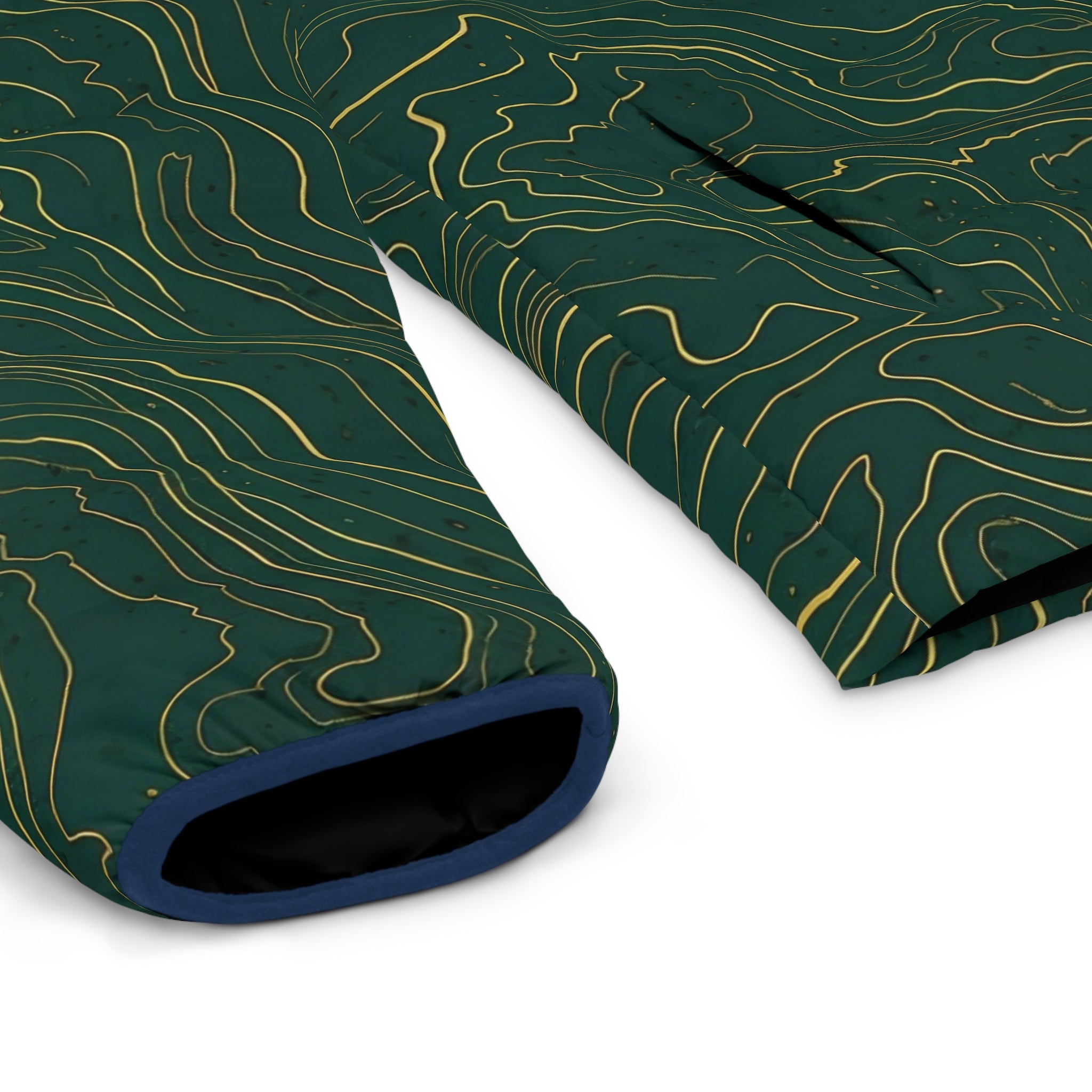 Topographic Line Pattern Puffer Jacket | Green Contour Map Design