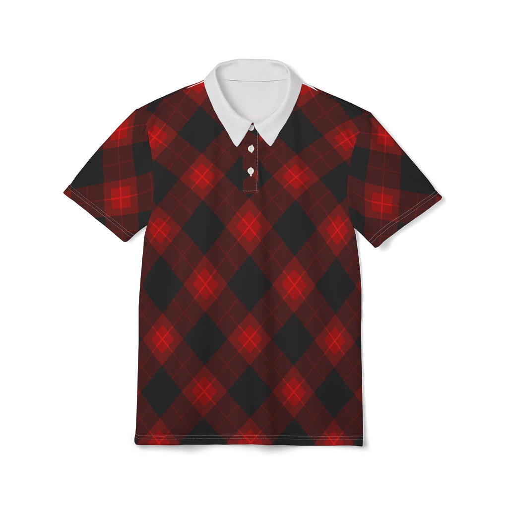 Red and black plaid polo shirt on a white background