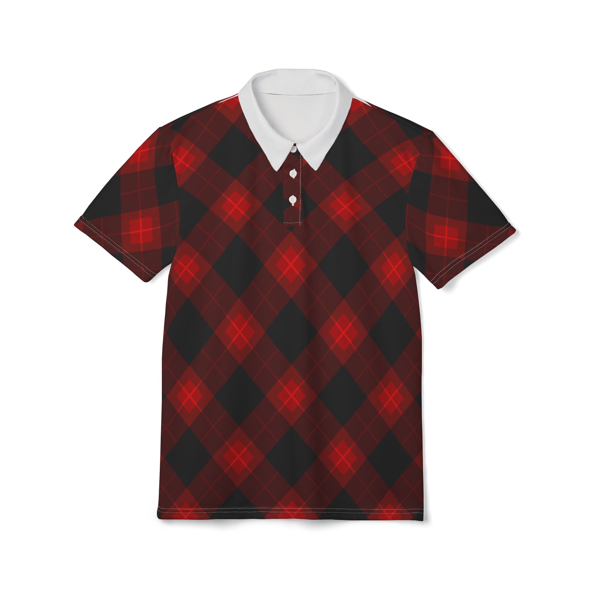 Red and black plaid polo shirt on a white background