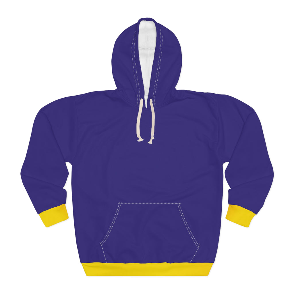 A purple pullover hoodie with yellow ribbed cuffs, hem, and a white inner hood lining, shown on a plain white background.