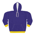 A purple pullover hoodie with yellow ribbed cuffs, hem, and a white inner hood lining, shown on a plain white background.