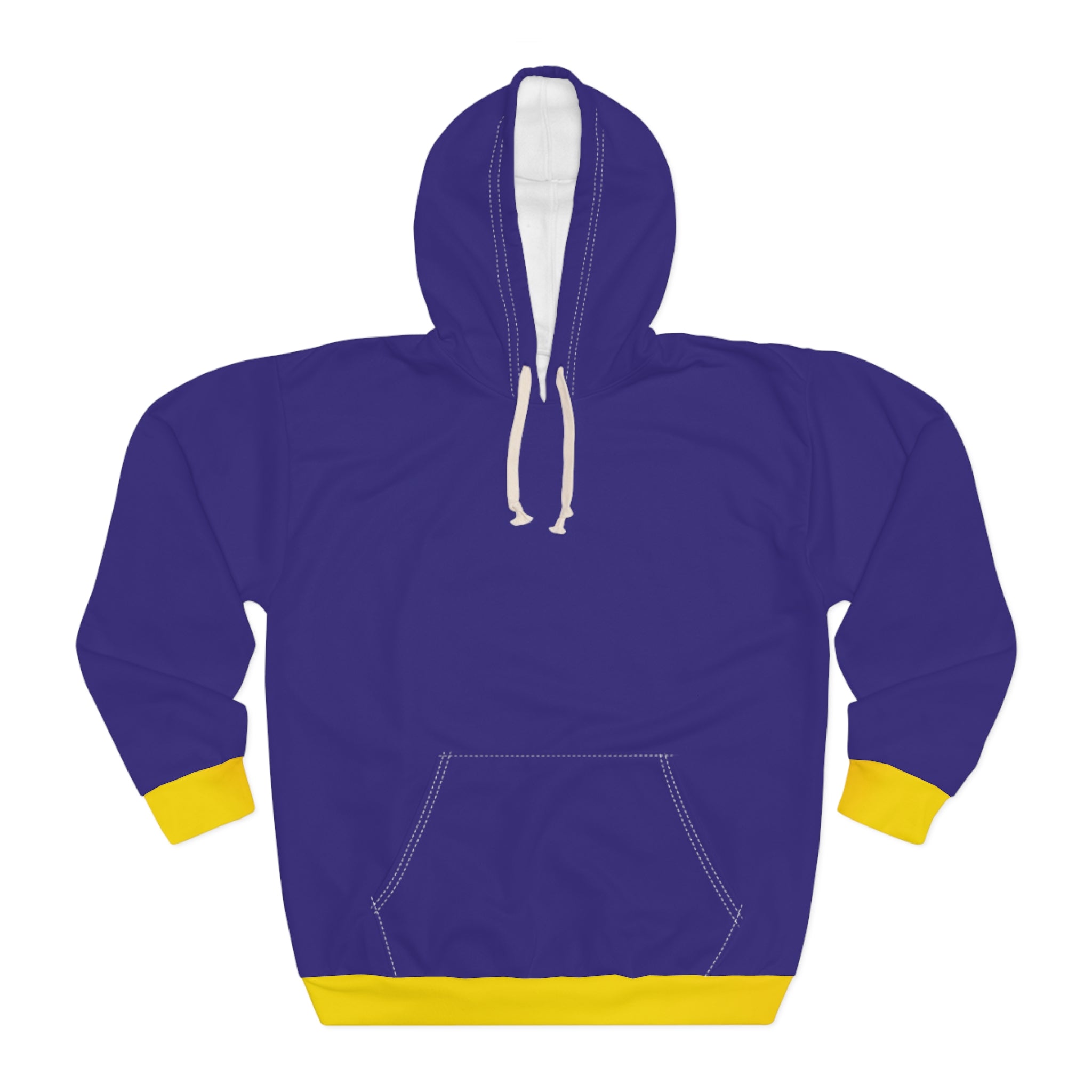 A purple pullover hoodie with yellow ribbed cuffs, hem, and a white inner hood lining, shown on a plain white background.