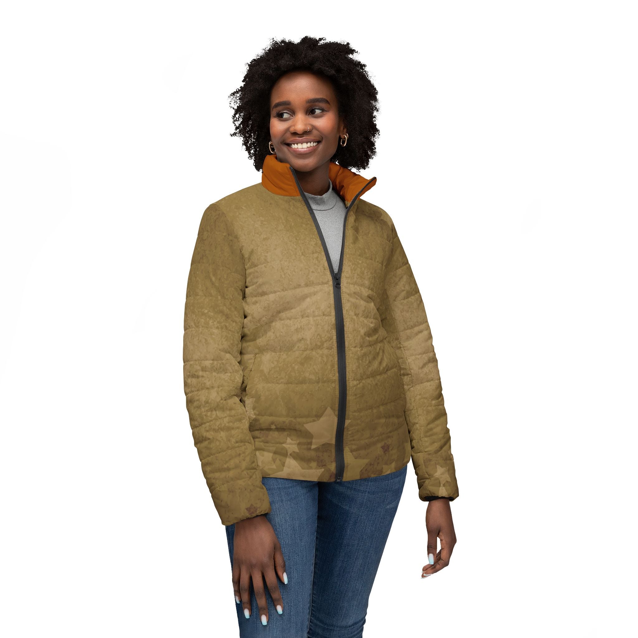 Women’s Quilted Puffer Jacket — Vintage Star Golden Watercolor