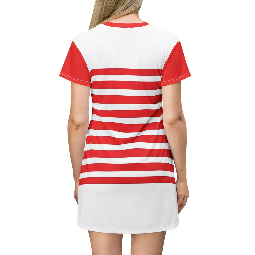 Red & White Striped T-Shirt Dress — Nautical Casual A-Line Summer Dress