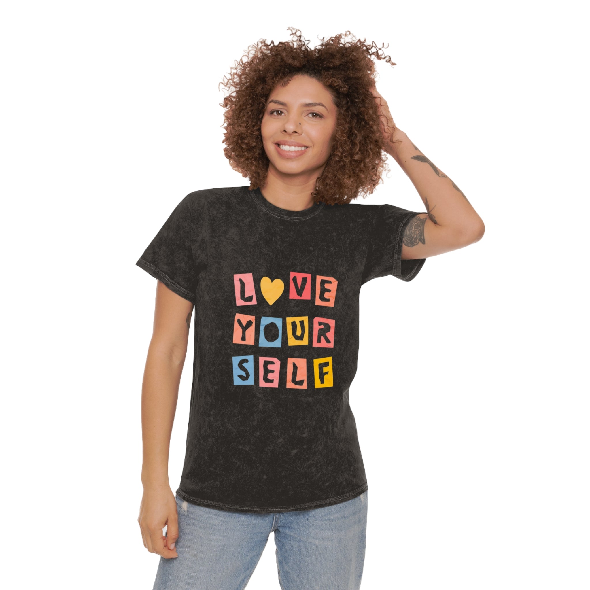Love Yourself Mineral-Wash Tee — Retro Block Letter Self-Love T-Shirt