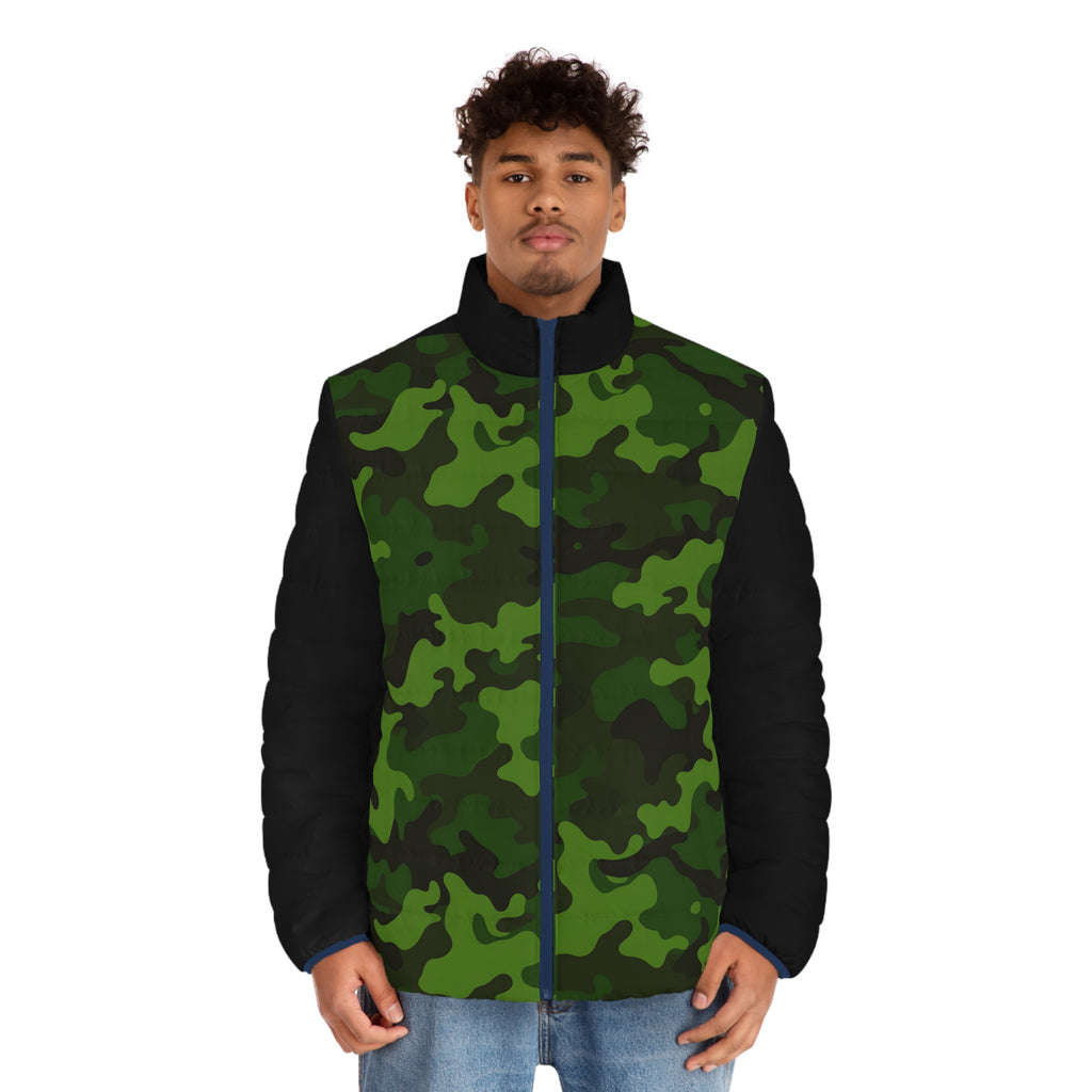 Men's Green Camo Puffer Jacket — Insulated Outdoor Winter Coat