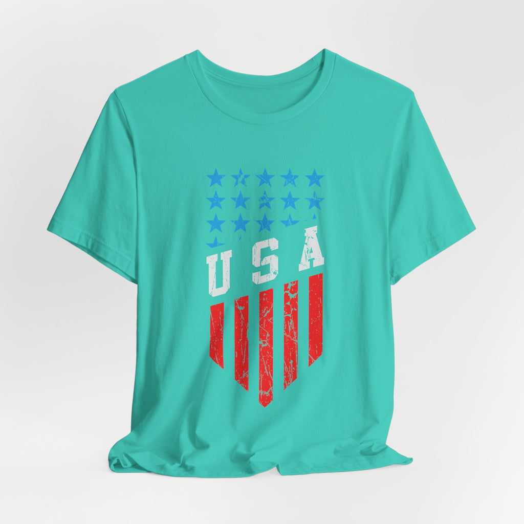 Turquoise t-shirt with American flag design on a light gray background