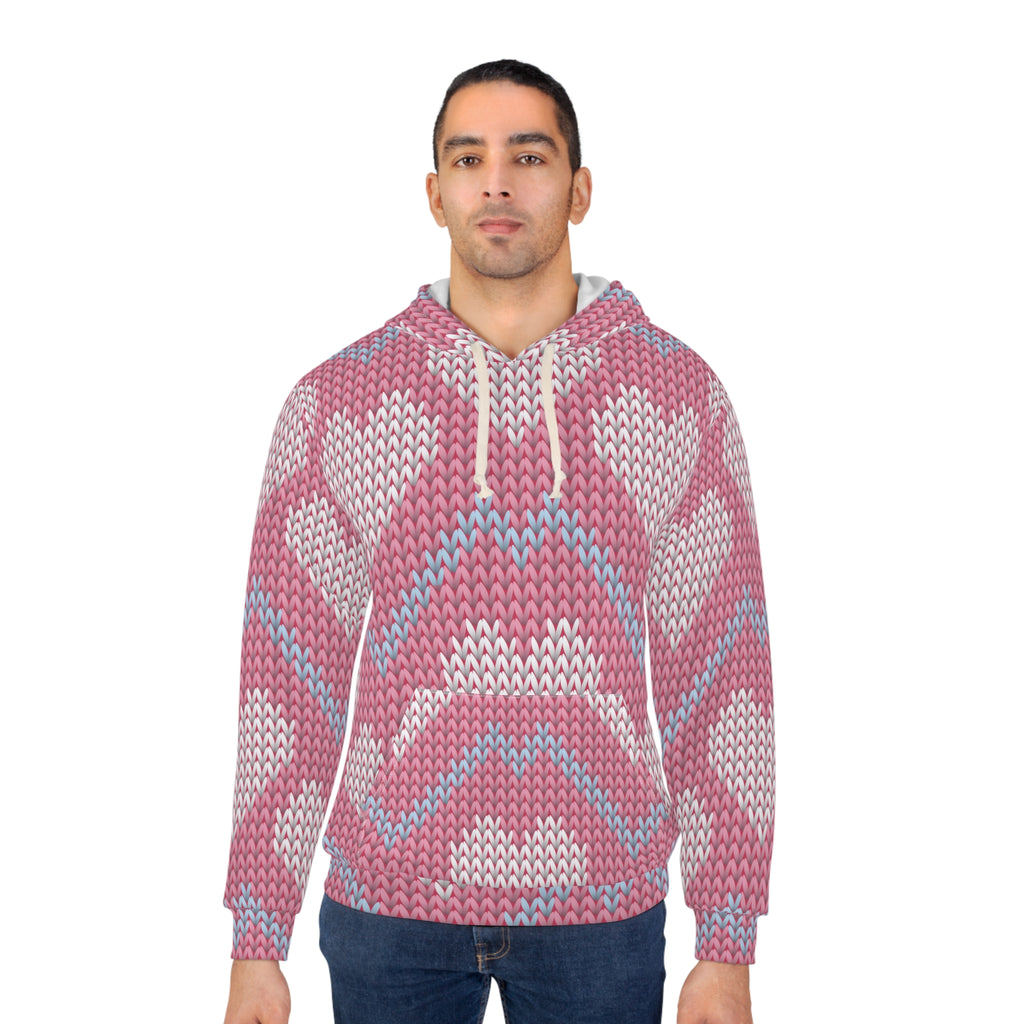 Knit Heart Pattern Hoodie | Pink Chevron Heart Knit Pullover