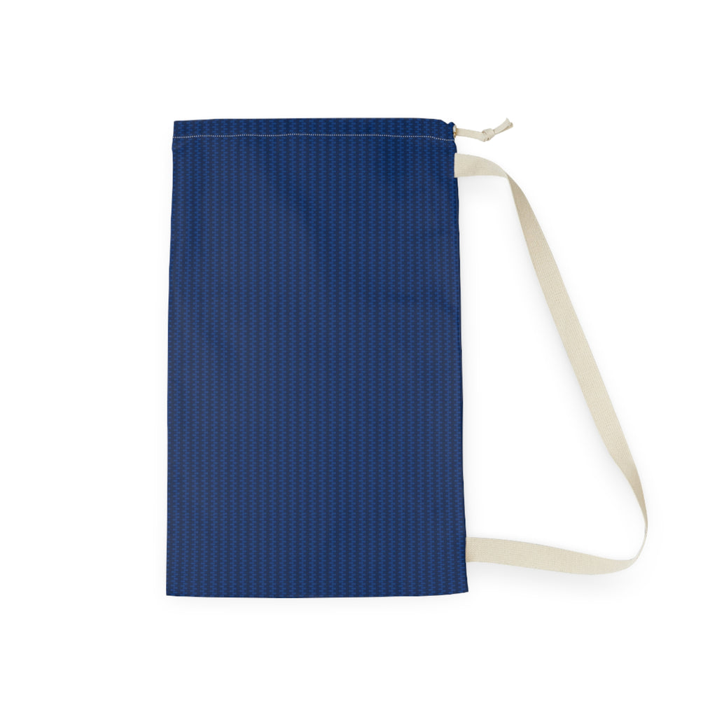A dark blue textured drawstring pouch with a light beige strap, shown flat against a solid white background.