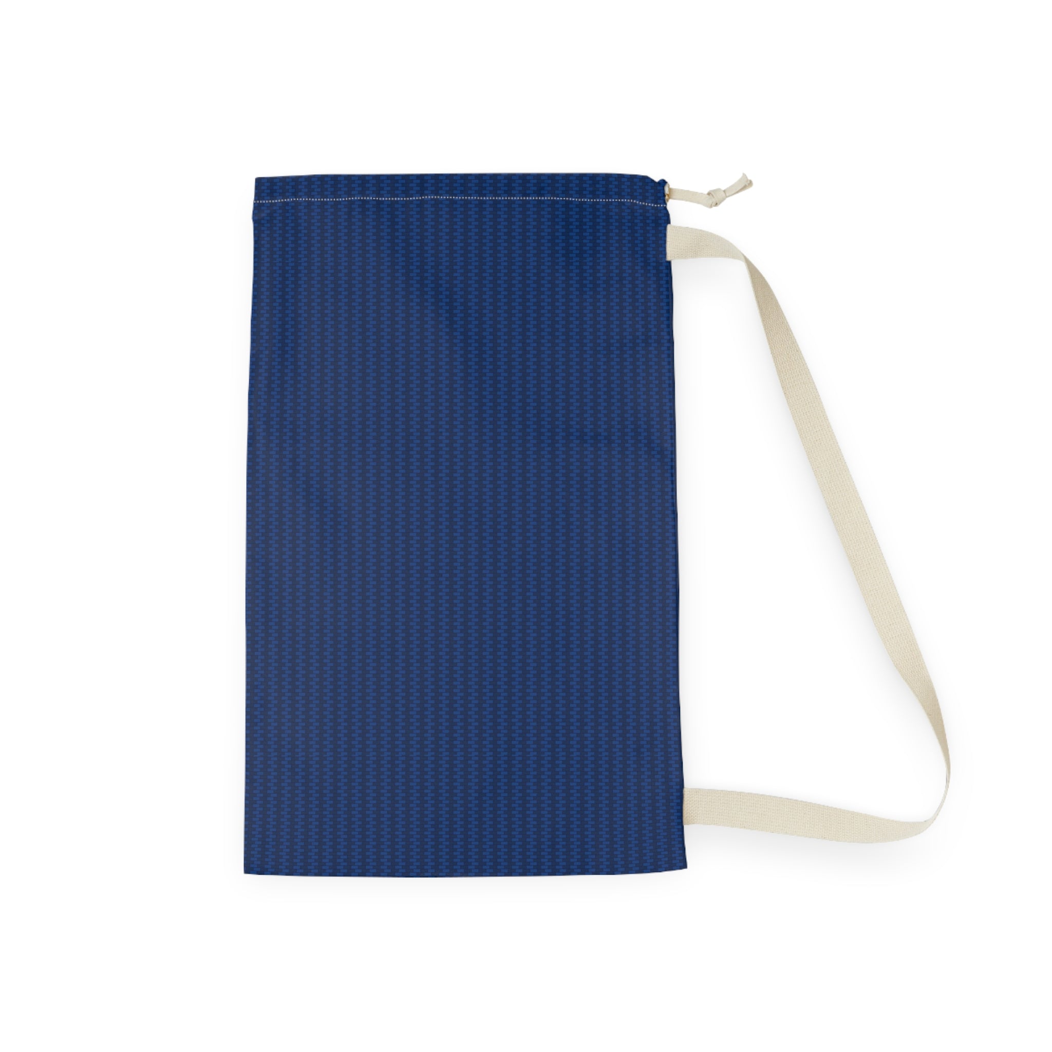 A dark blue textured drawstring pouch with a light beige strap, shown flat against a solid white background.