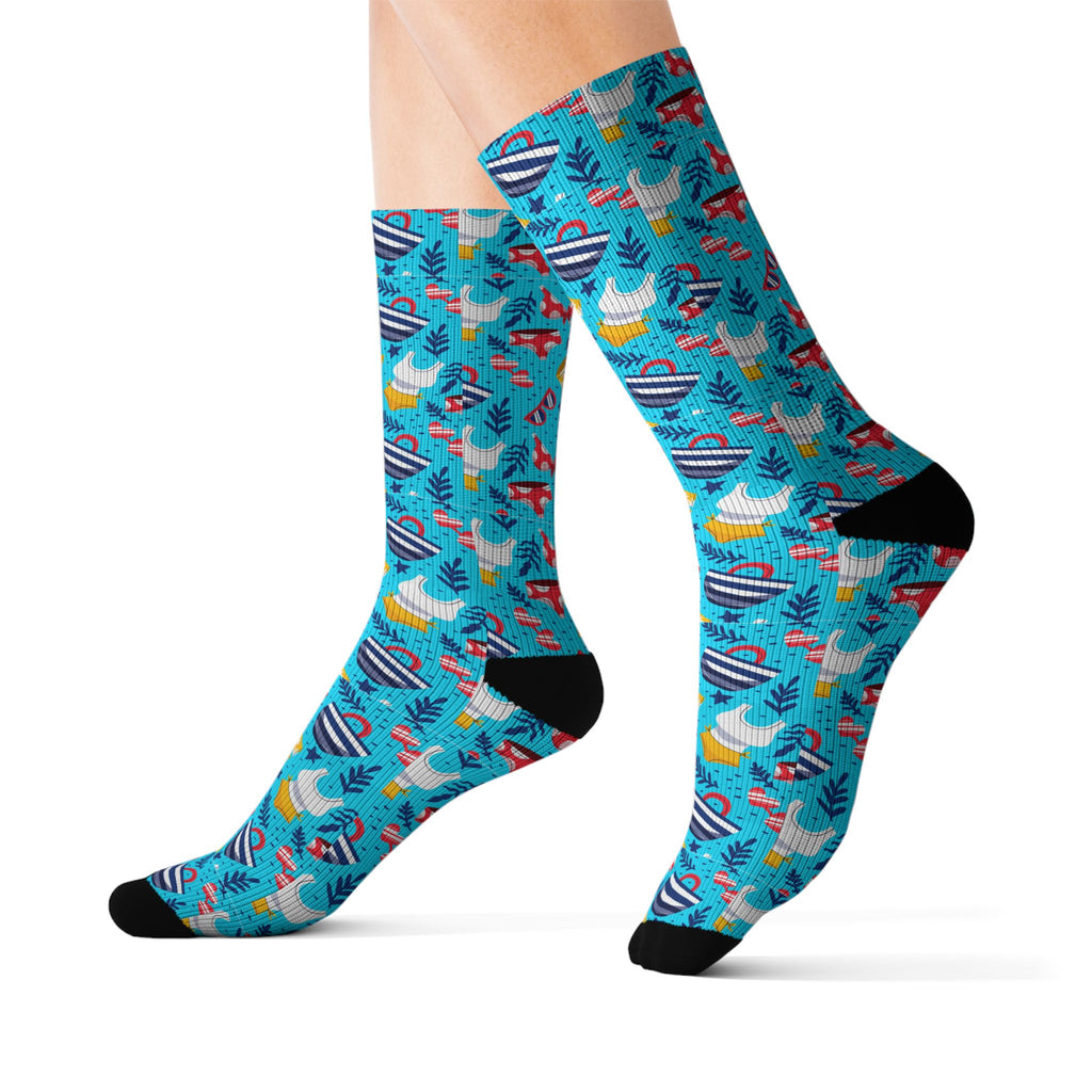 Blue Tropical Flamingo Socks – Sublimation Crew Socks with Palm Leaves & Hibiscus Print