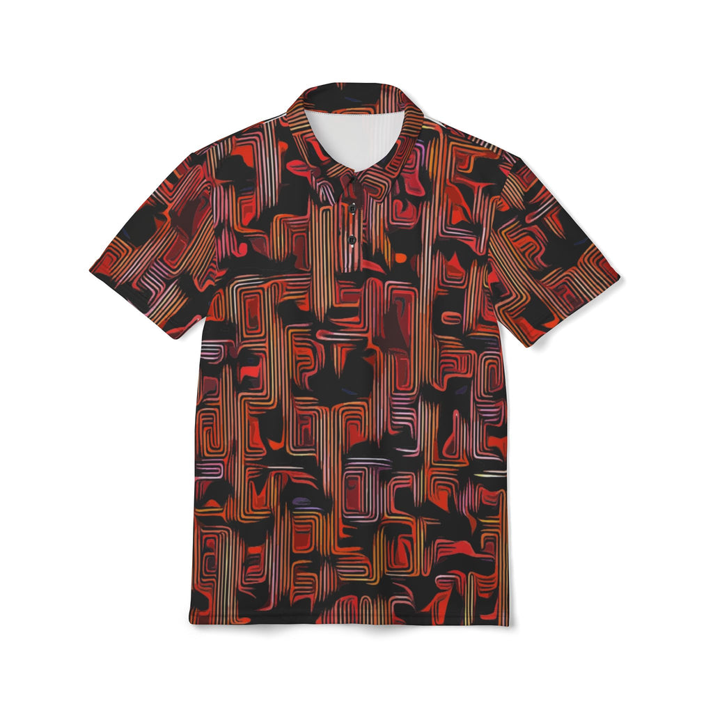 Abstract Geometric Pattern Polo Shirt | Red Black Retro Maze Design