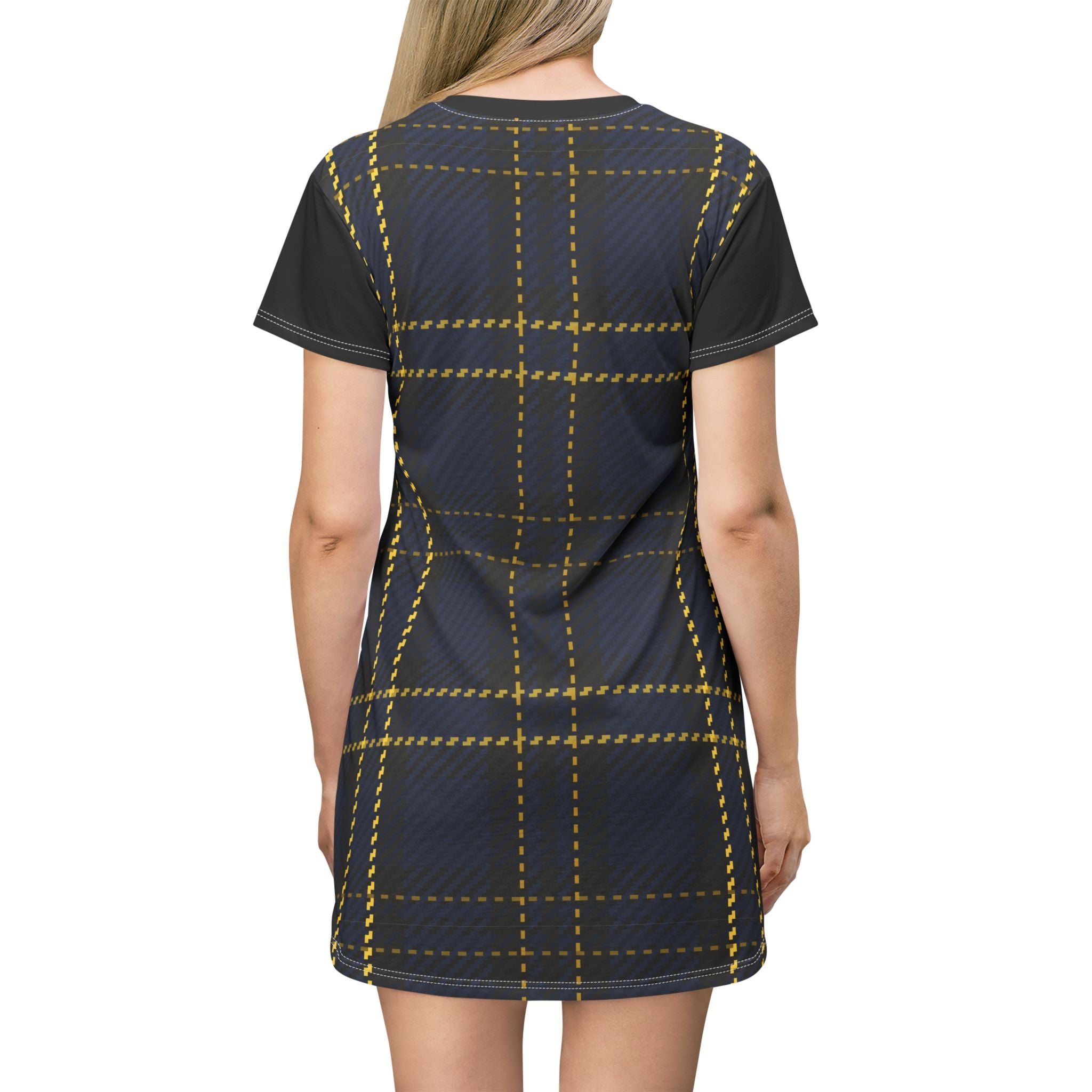 Plaid T‑Shirt Dress — Navy & Yellow Checked