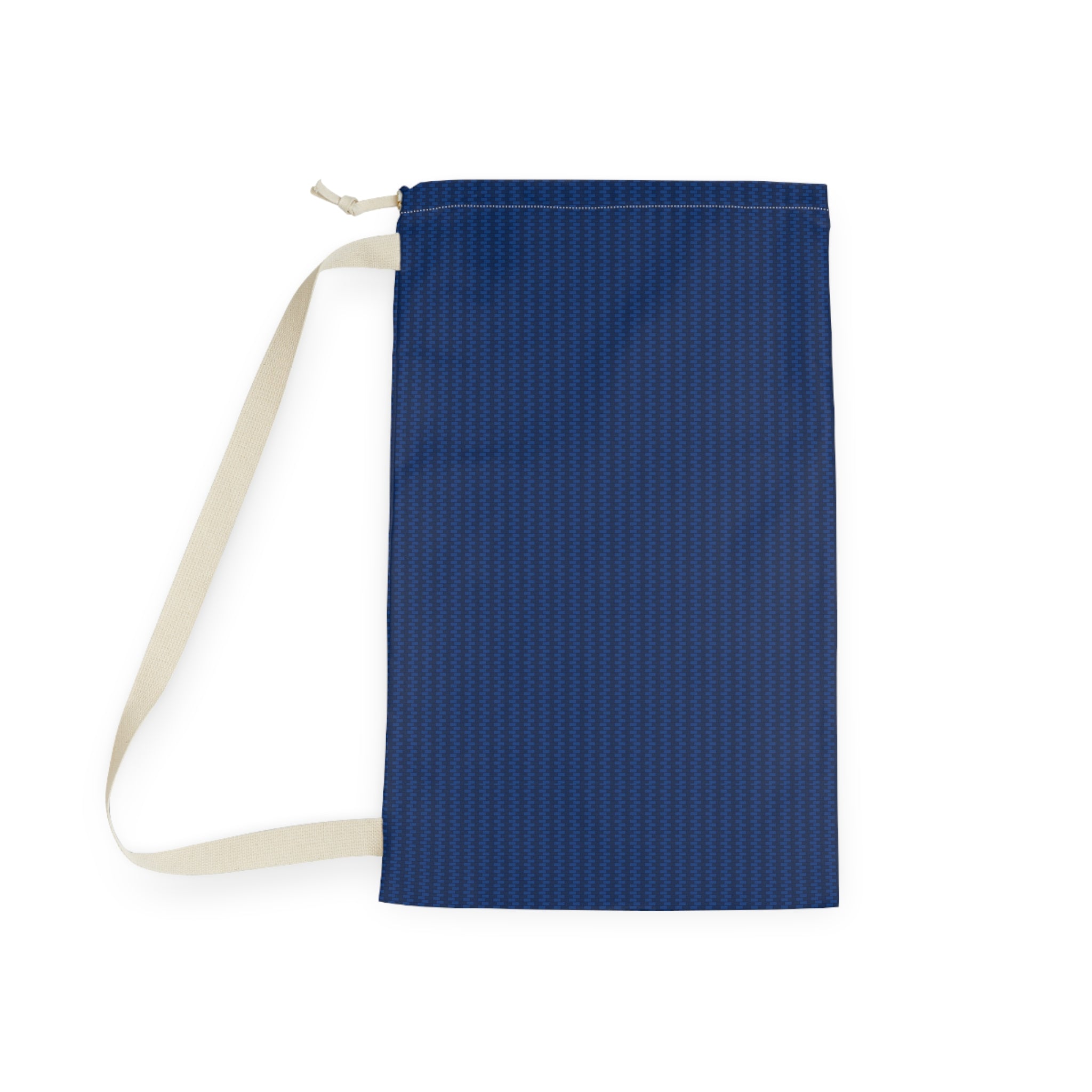 A navy blue drawstring pouch with a subtle textured pattern, featuring a cream-colored strap and zipper pull, shown on a plain white background.