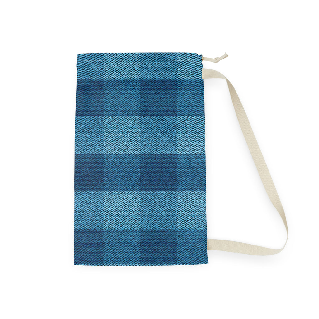 A blue plaid drawstring pouch with a cream-colored strap, shown flat against a white background.
