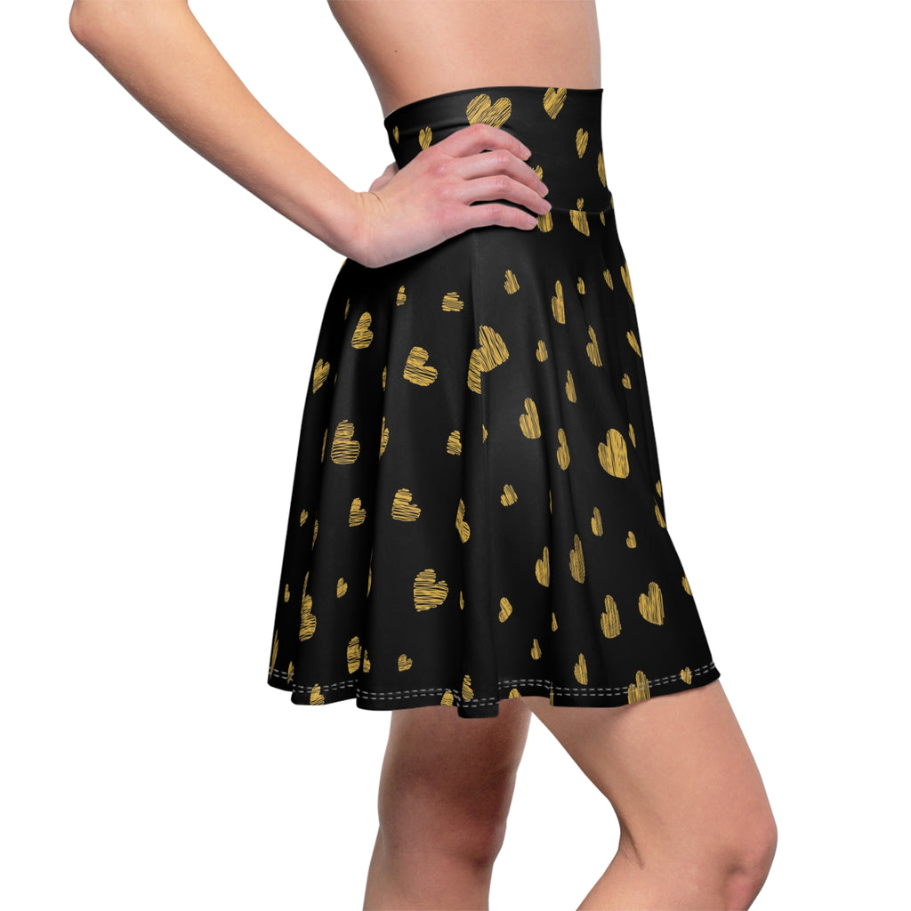 Gold Heart Pattern Skater Skirt | Black Gold Heart Print Skirt