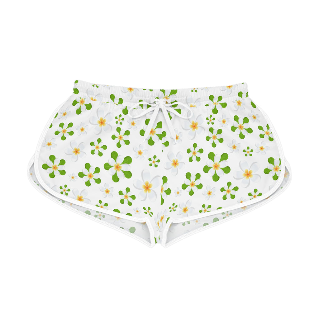 Floral Daisy Lounge Shorts — White Green All-Over Print Relaxed Shorts