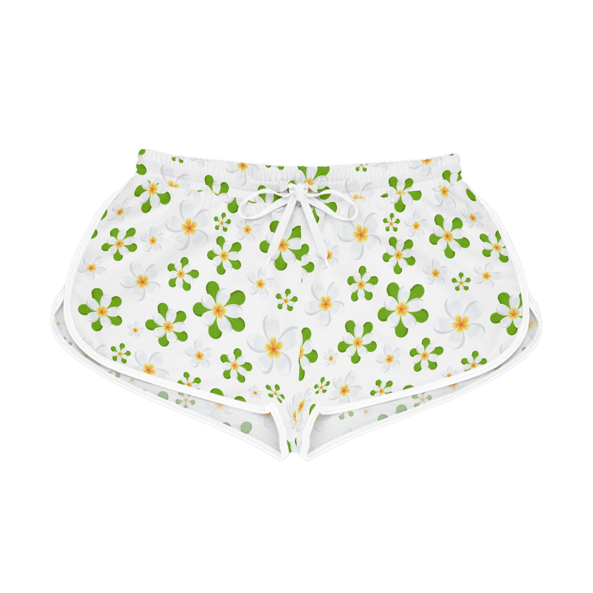 Floral Daisy Lounge Shorts — White Green All-Over Print Relaxed Shorts
