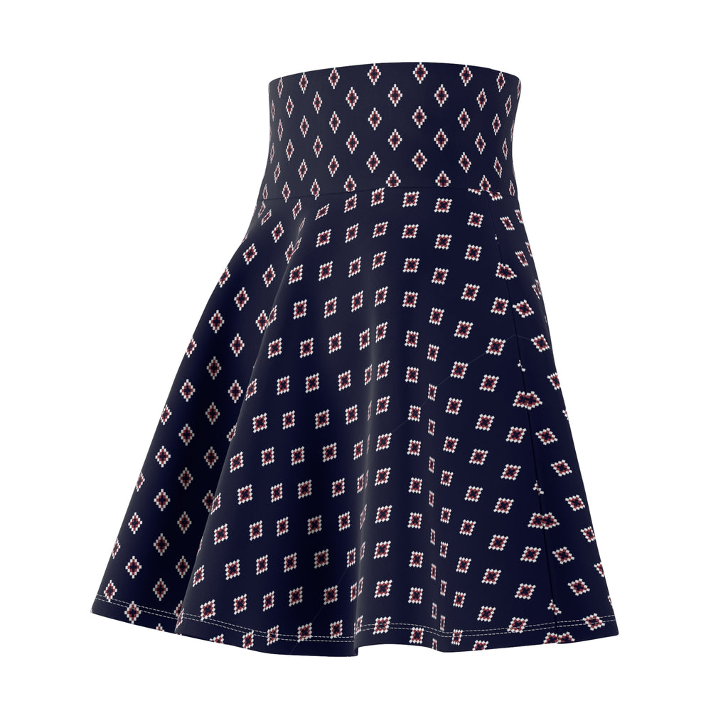 Navy Geo Diamond Skirt – Retro Mod Pattern, High-Waist Flared A-Line