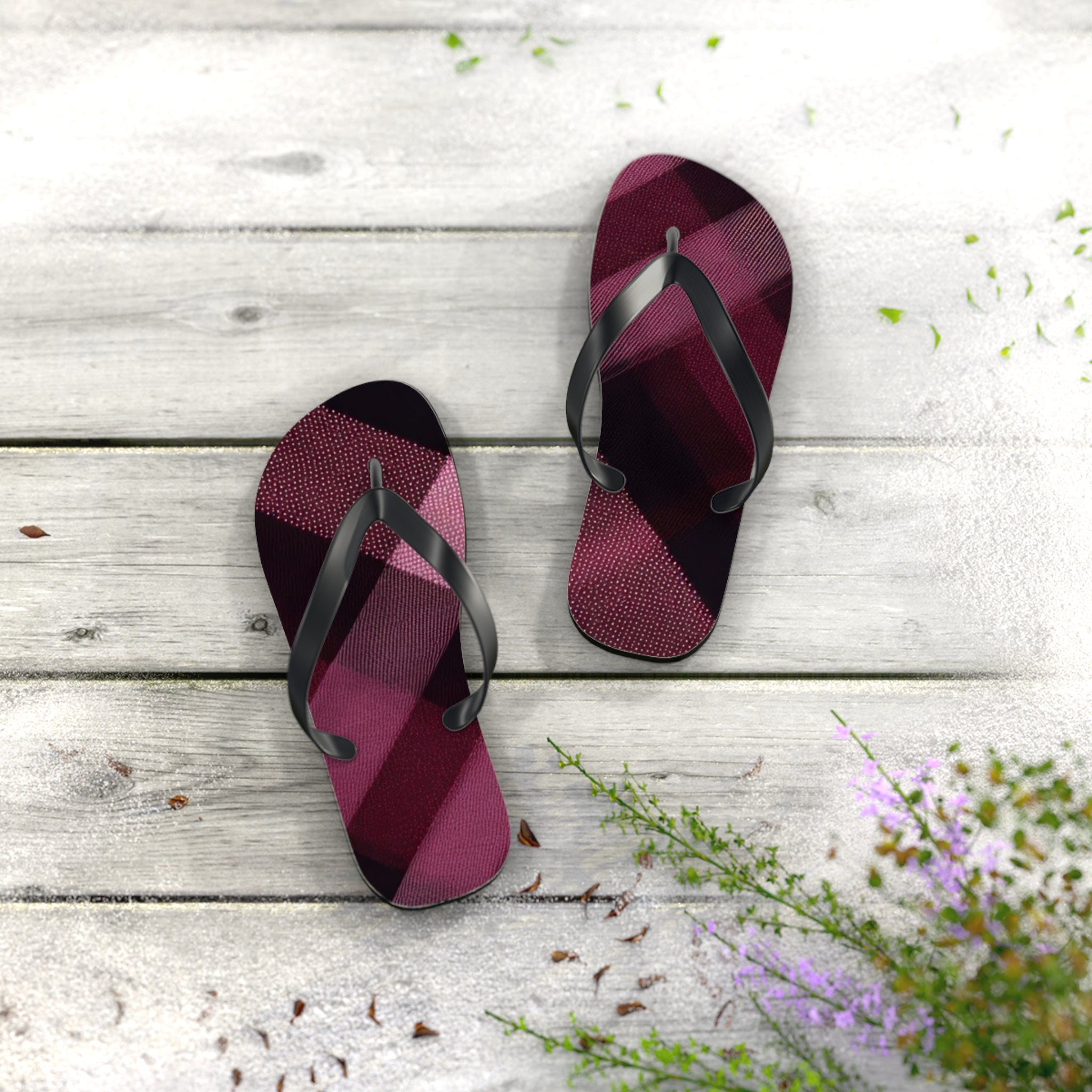 Plum Plaid Flip Flops — Women's Burgundy Check Beach Sandals
