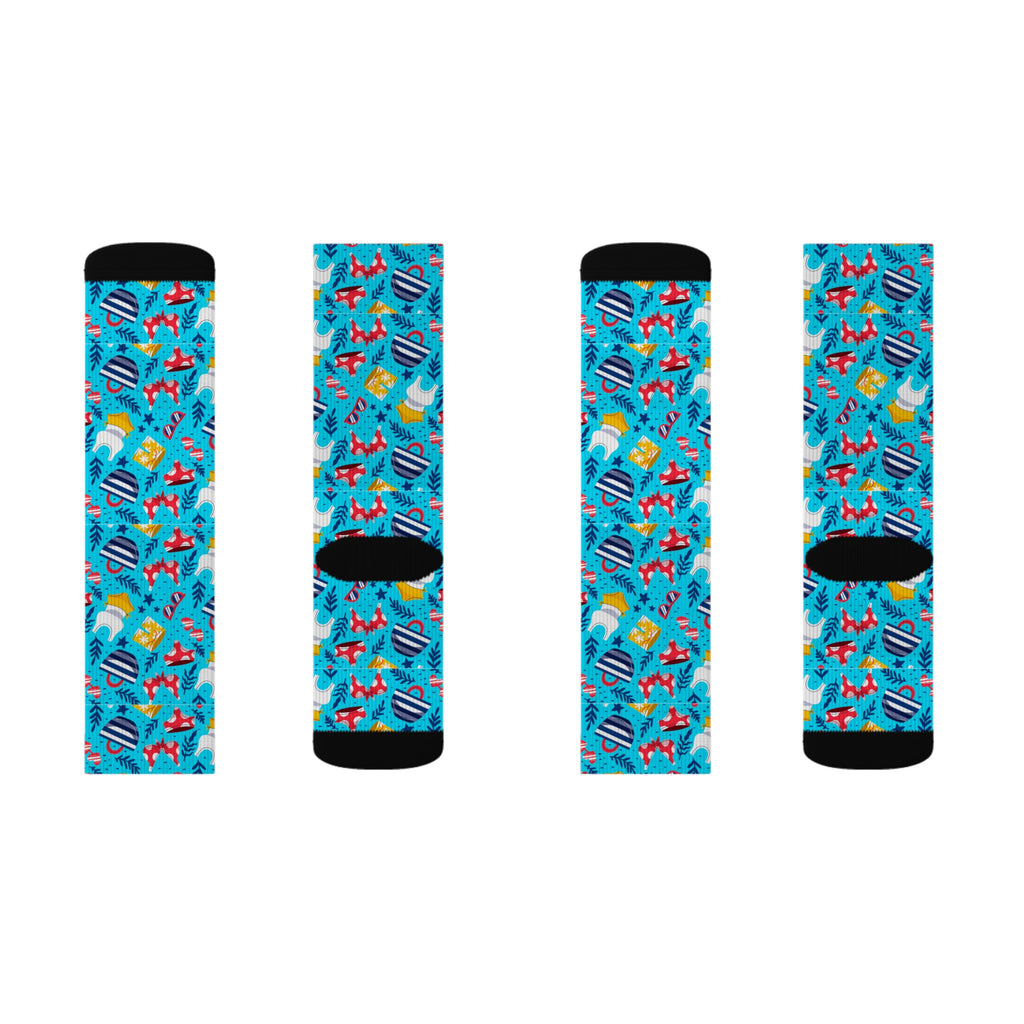 Blue Tropical Flamingo Socks – Sublimation Crew Socks with Palm Leaves & Hibiscus Print