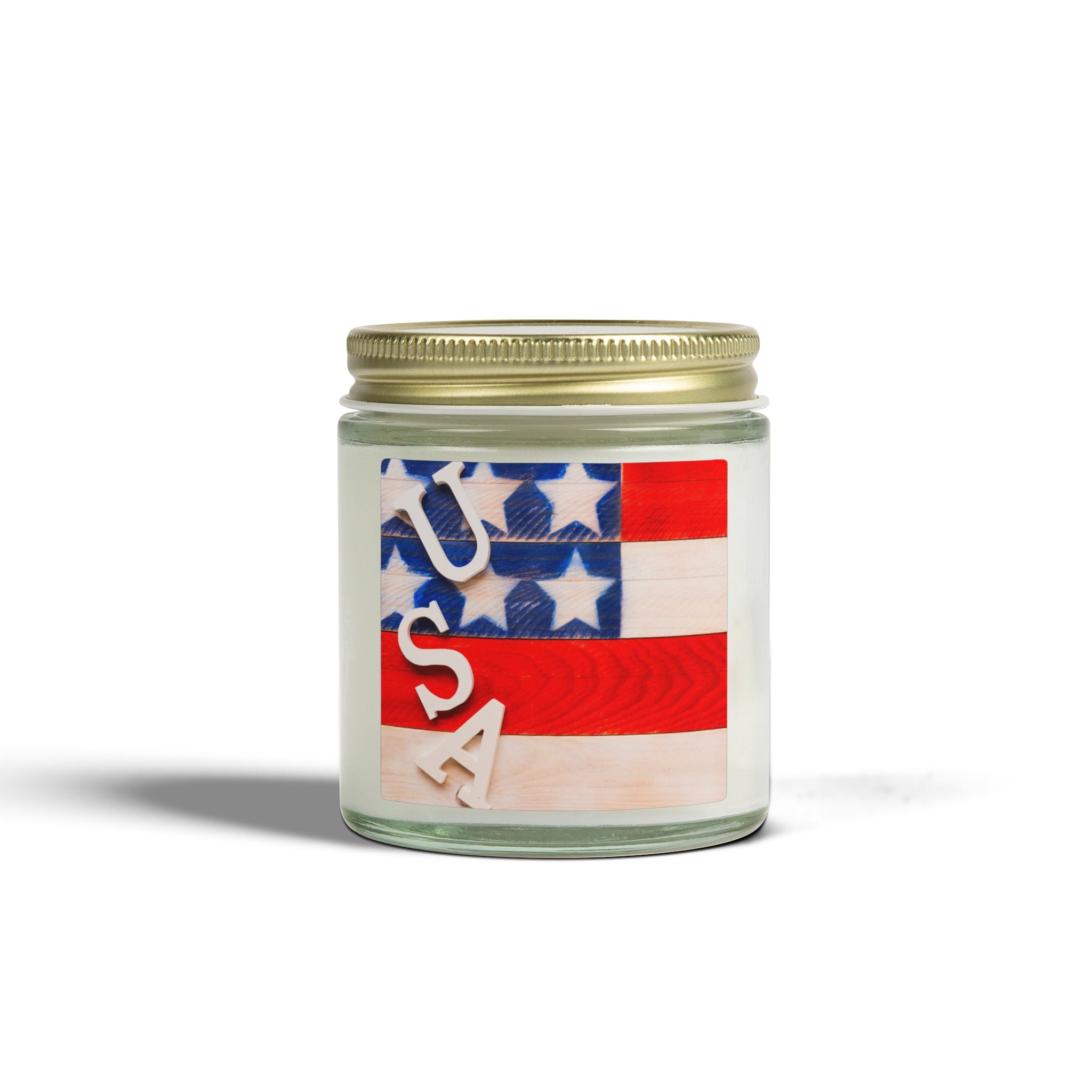 Candle with a USA-themed label on a white background