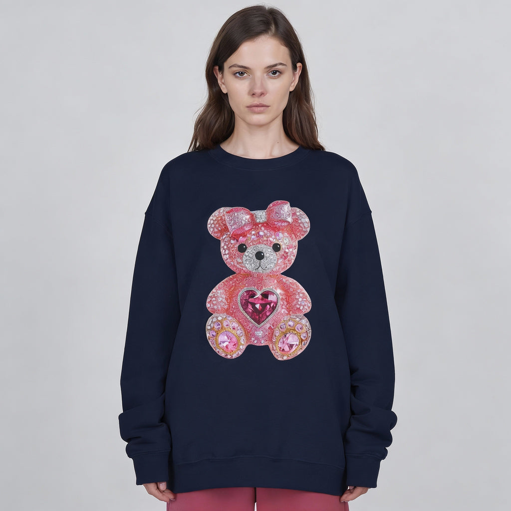 Pink Sequin Teddy Bear Sweatshirt | Heart Patch, Cute Plush Graphic