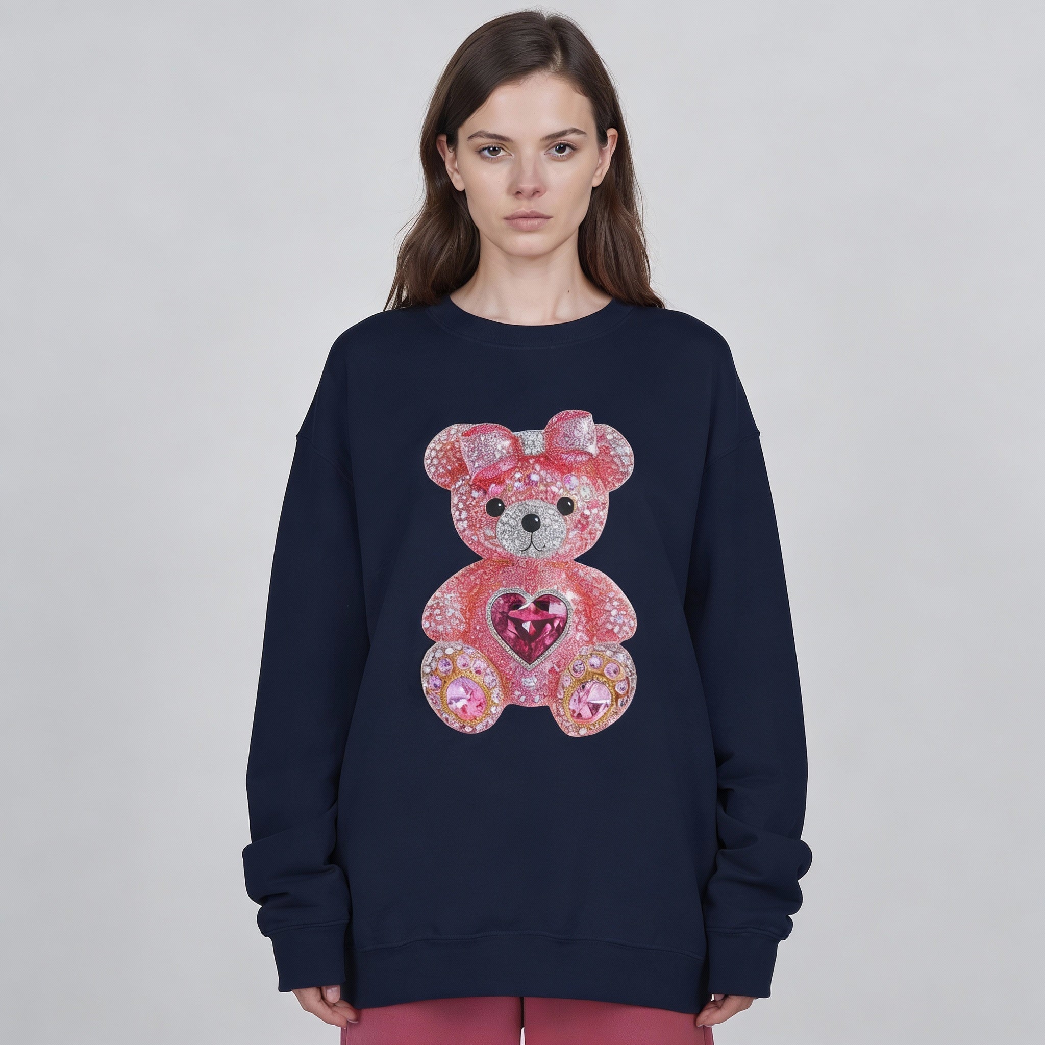 Pink Sequin Teddy Bear Sweatshirt | Heart Patch, Cute Plush Graphic