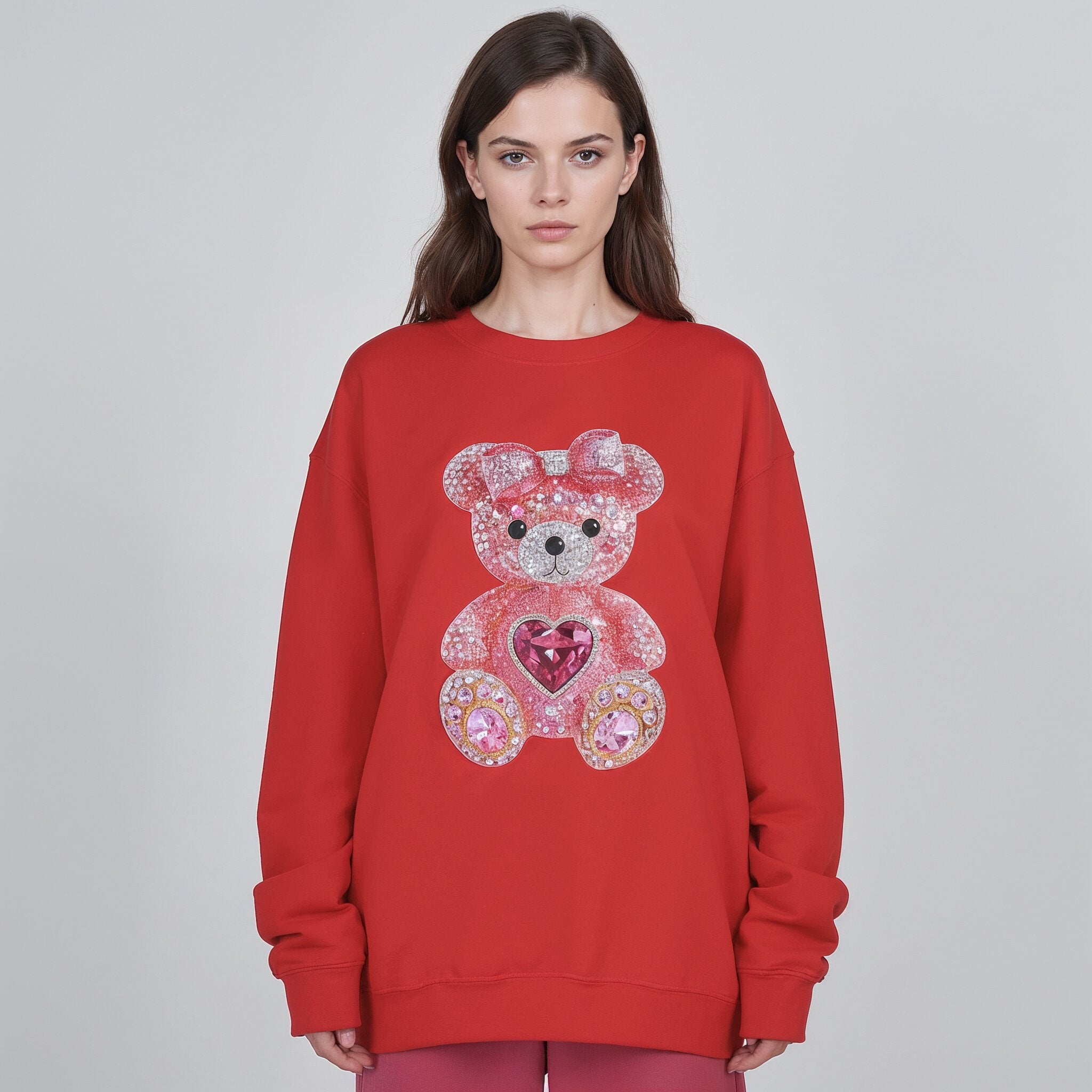 Pink Sequin Teddy Bear Sweatshirt | Heart Patch, Cute Plush Graphic