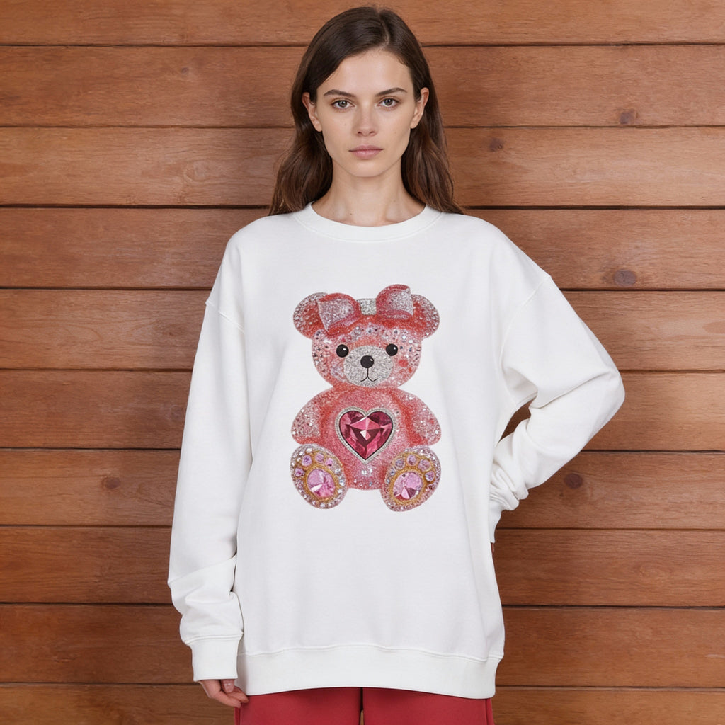 Pink Sequin Teddy Bear Sweatshirt | Heart Patch, Cute Plush Graphic