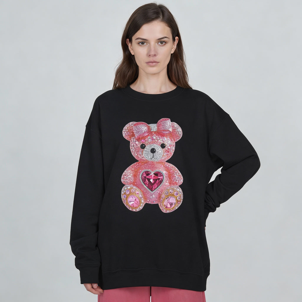Pink Sequin Teddy Bear Sweatshirt | Heart Patch, Cute Plush Graphic