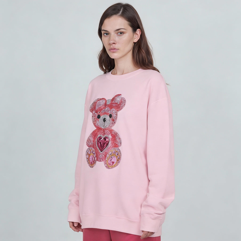 Pink Sequin Teddy Bear Sweatshirt | Heart Patch, Cute Plush Graphic