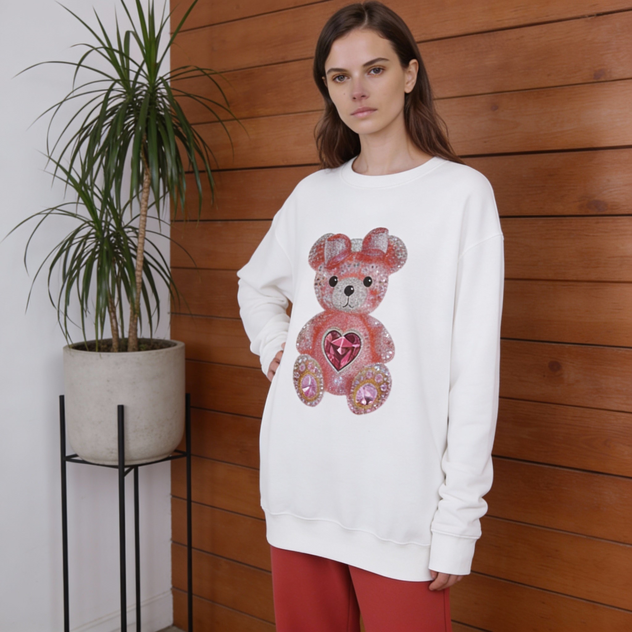 Pink Sequin Teddy Bear Sweatshirt | Heart Patch, Cute Plush Graphic