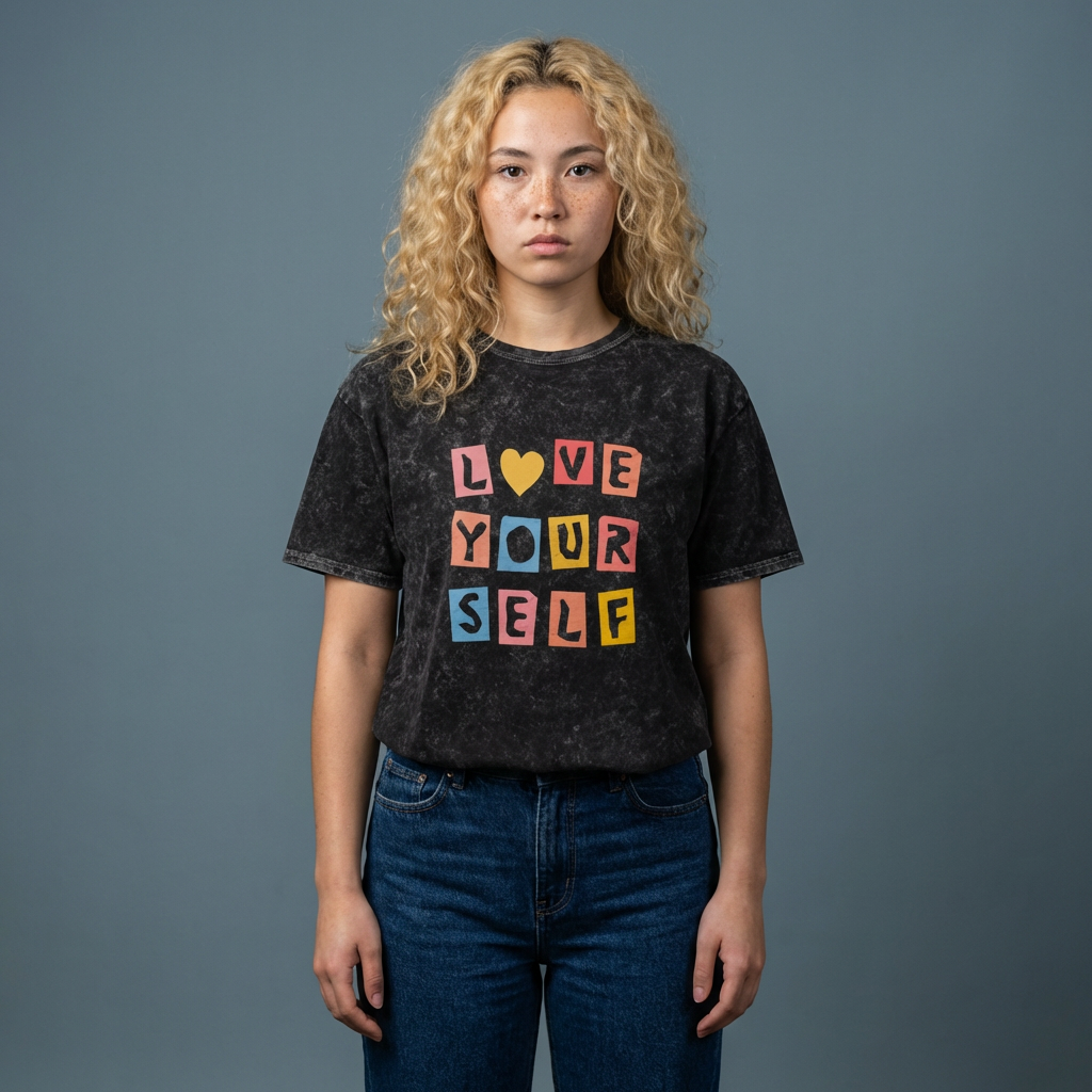 Love Yourself Mineral-Wash Tee — Retro Block Letter Self-Love T-Shirt