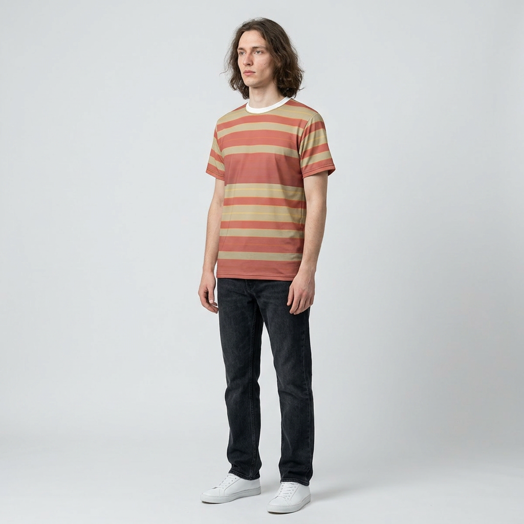 Person wearing a striped t-shirt and dark jeans on a plain background