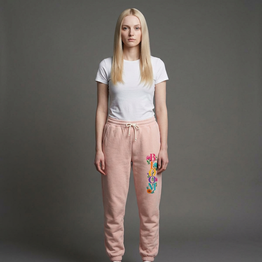 Person wearing a white t-shirt and pink sweatpants with floral design on a gray background