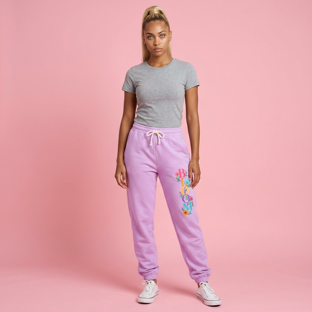Woman wearing a gray t-shirt and pink sweatpants with floral design on a pink background