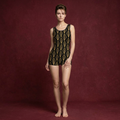 Vintage Art Deco One-Piece Swimsuit — Black & Gold Geometric Print