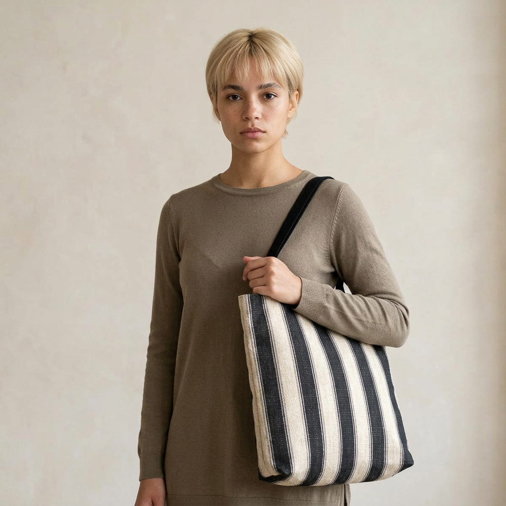 Woven Tote Bag — Black & Natural Stripe Market Tote