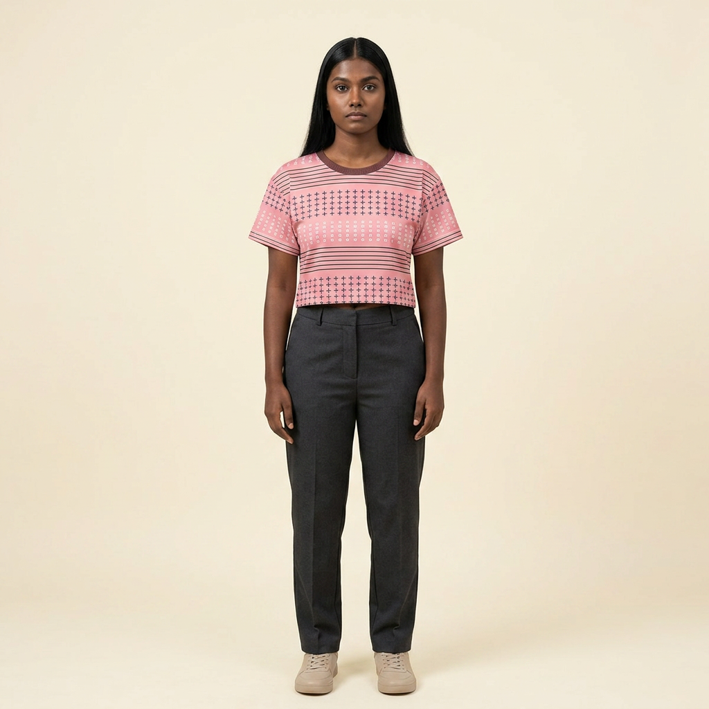 Pink Geometric Crop Tee — Retro Stripe & Cross Pattern Crop Top