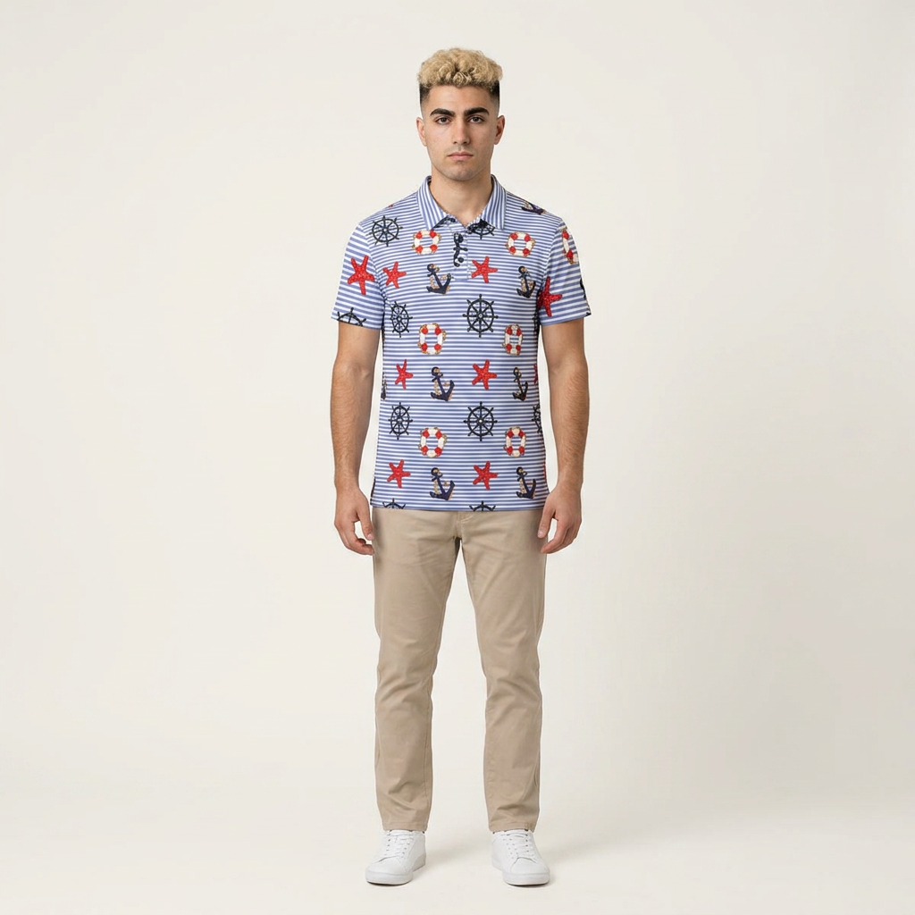 Nautical Stripe Polo Shirt — Anchors, Lifebuoys & Starfish Print