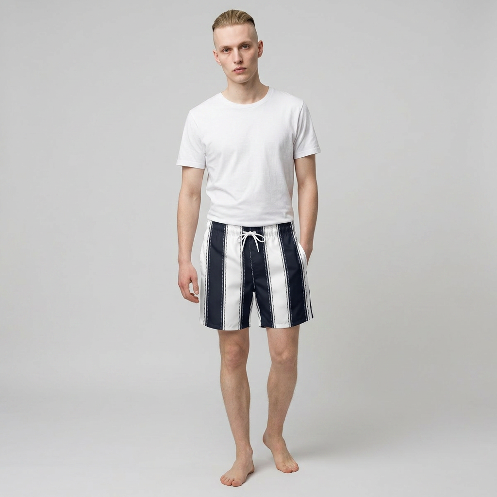 Men's Navy & White Vertical Stripe Swim Trunks — Classic Coastal Beach Shorts