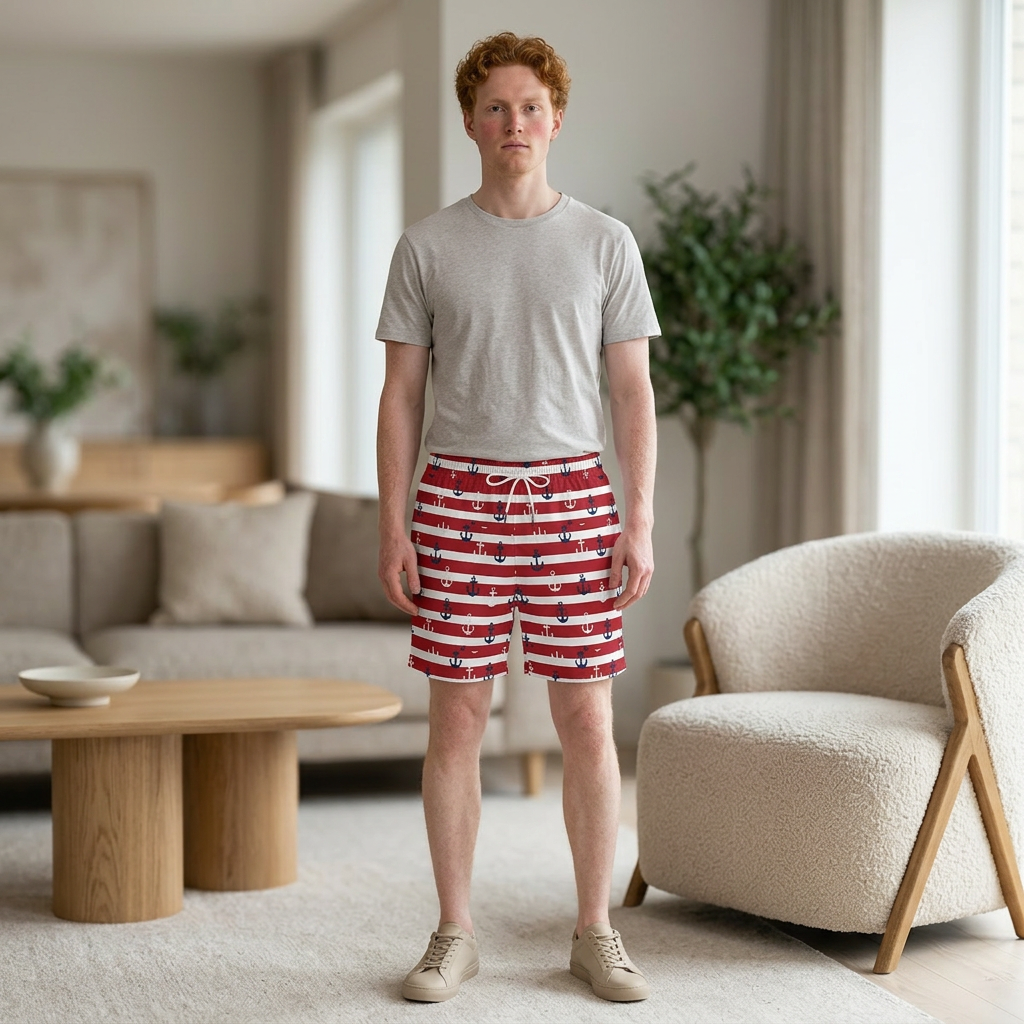 Nautical Red Striped Anchor Swim Shorts — Men’s Mid-Length Beach Trunks