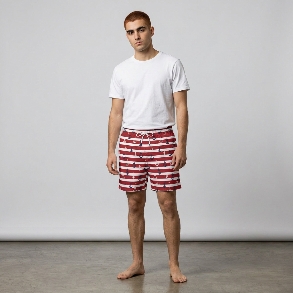 Nautical Red Striped Anchor Swim Shorts — Men’s Mid-Length Beach Trunks