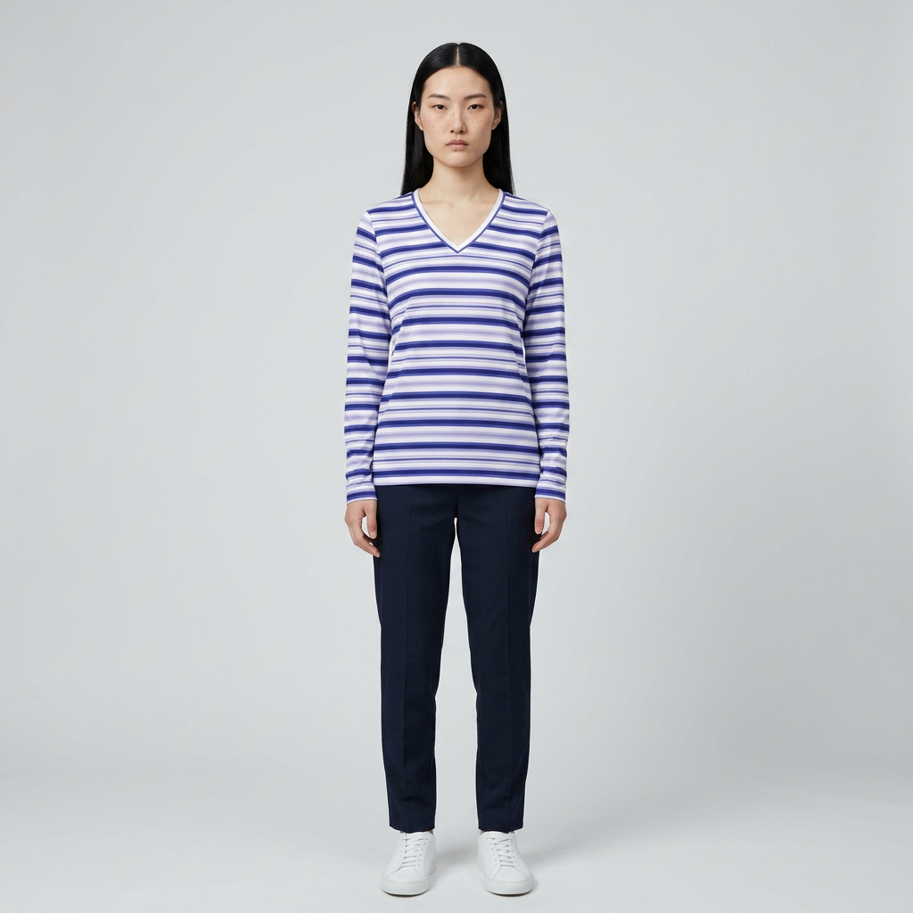 Women's Blue Stripe V-Neck Long Sleeve Shirt