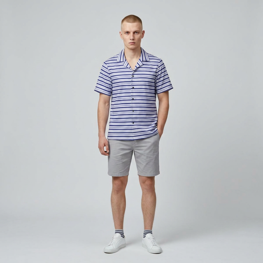 Striped Hawaiian Camp Shirt — Blue Casual Resort Button-Up