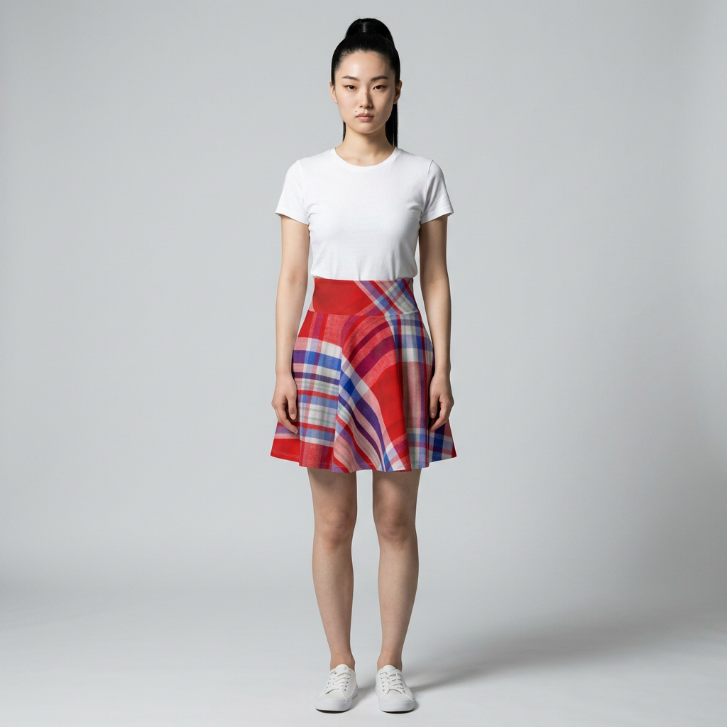 Red & Blue Plaid Skater Skirt — Vintage Tartan A-Line Mini for Casual & Holiday Wear