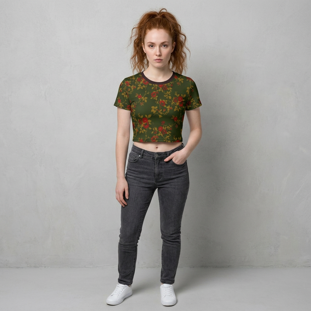 Floral Vintage Rose Crop Tee — Green All-Over Print