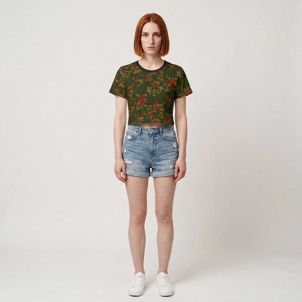 Floral Vintage Rose Crop Tee — Green All-Over Print