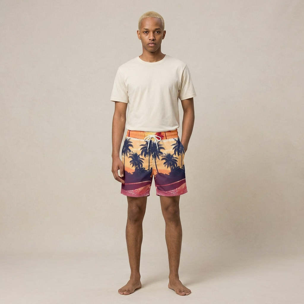 Men's Tropical Sunset Swim Shorts — Palm Tree Beach Boardshorts
